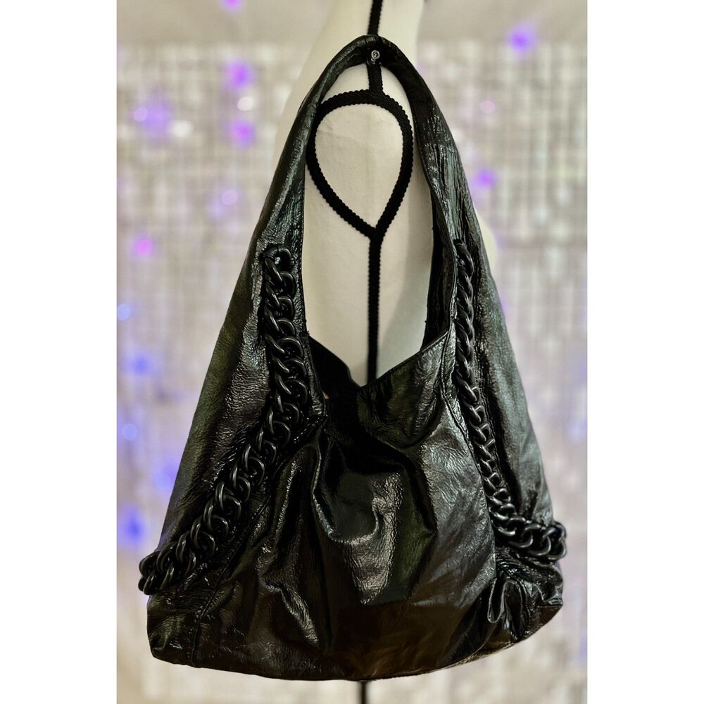 Michael Kors black patent leather hobo bag with black chain detail